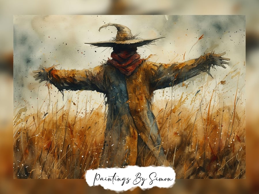 Charming Rustic Scarecrow Scene, Watercolor Painting Print 5"x7" on Matte Paper