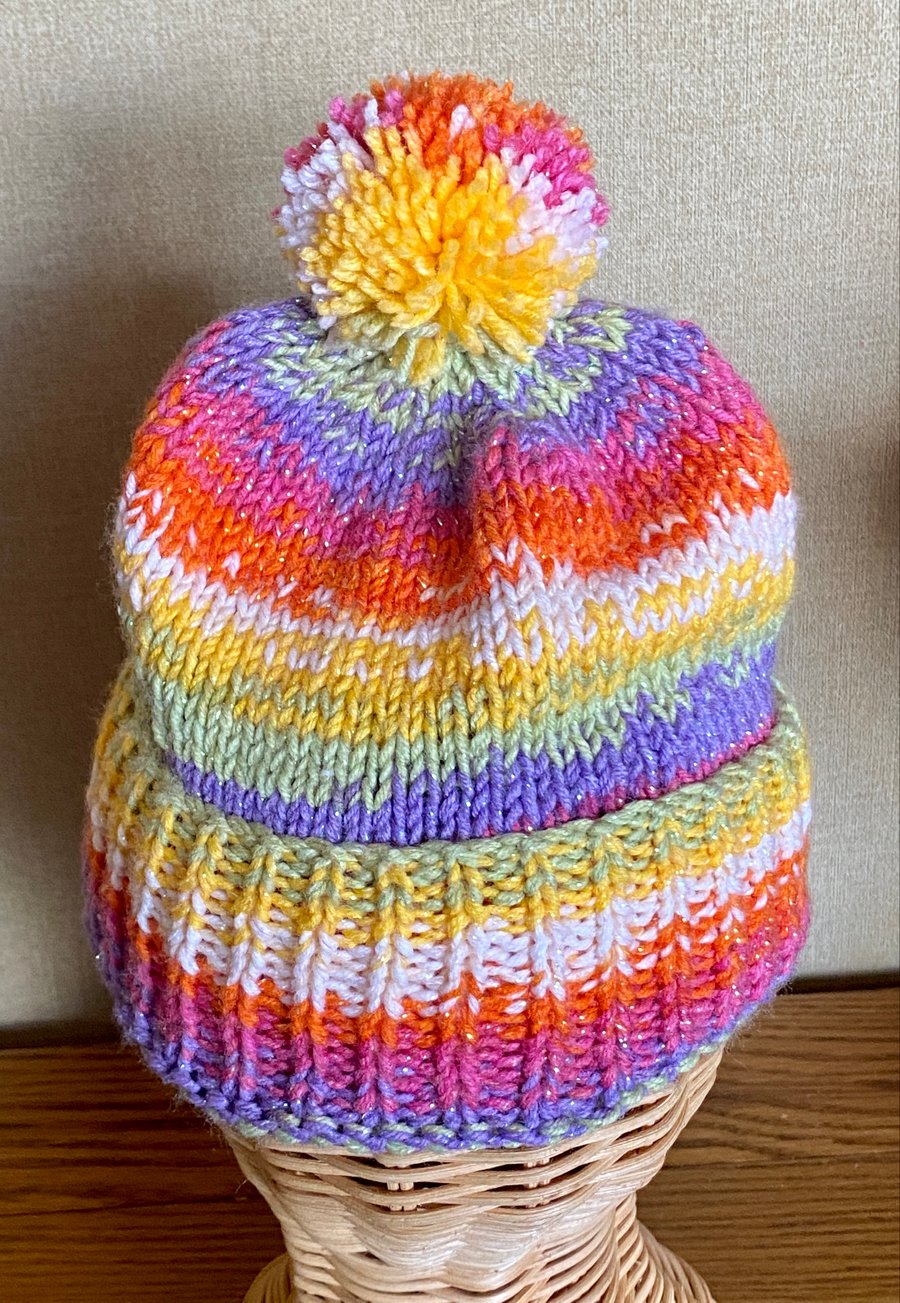 Rainbow Coloured Cosy Chunky Hat With Pom-Pom For Child 4-5 Years Old