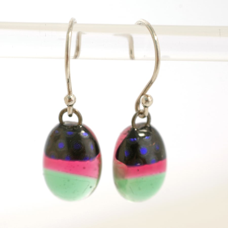 Green, Pink and Black Dotty Dichroic Glass Drop Earrings