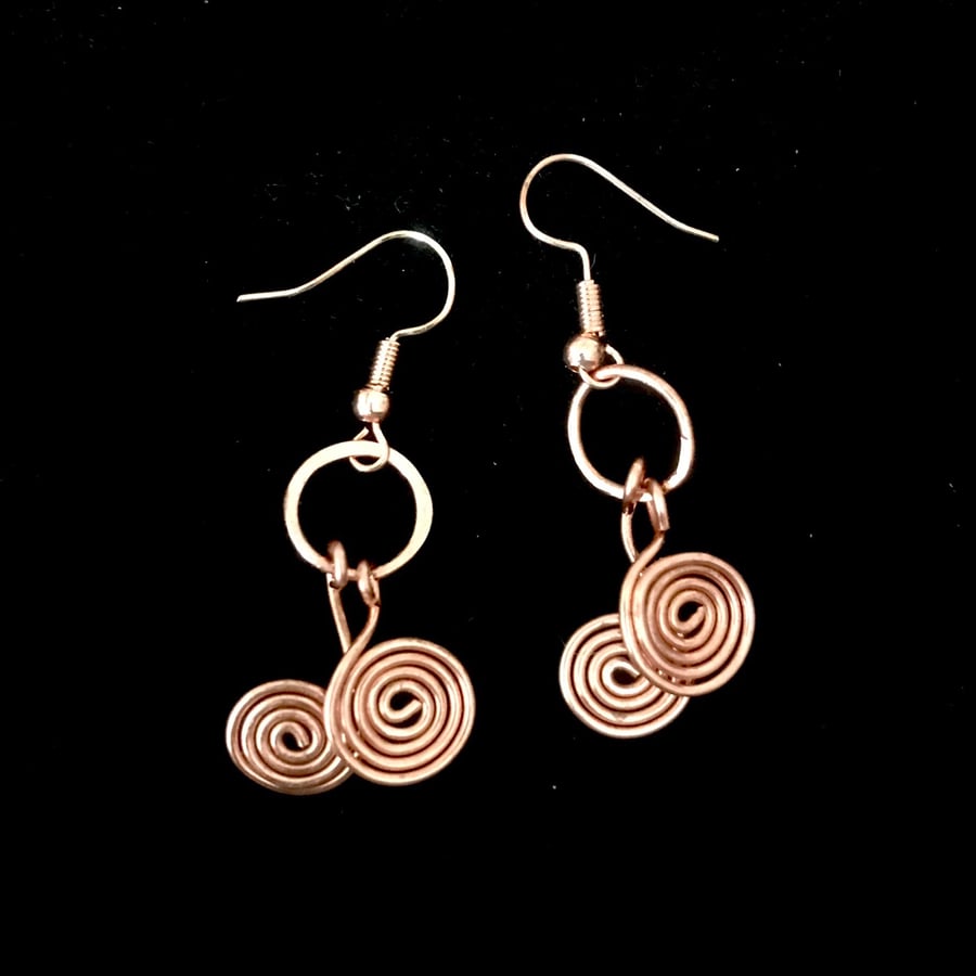 Double Swirl Earrings - Solid Copper  - Drop 1”, Freepost