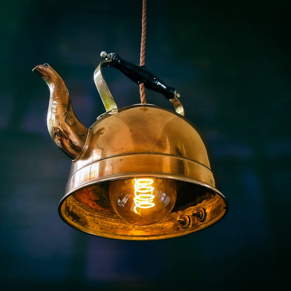 Upcycled Vintage Copper Kettle Pendant Light Edison