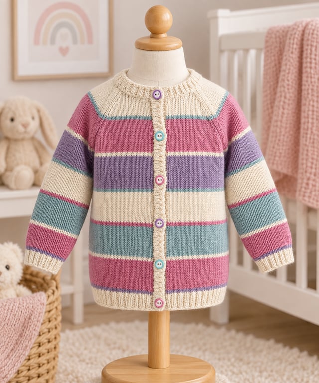 Baby Girl's Hand-knitted Cream Cardigan With Pastel Stripes, 9-12 mnths