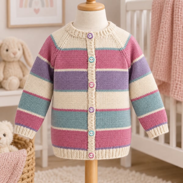 Baby Girl's Hand-knitted Cream Cardigan With Pastel Stripes, 9-12 mnths