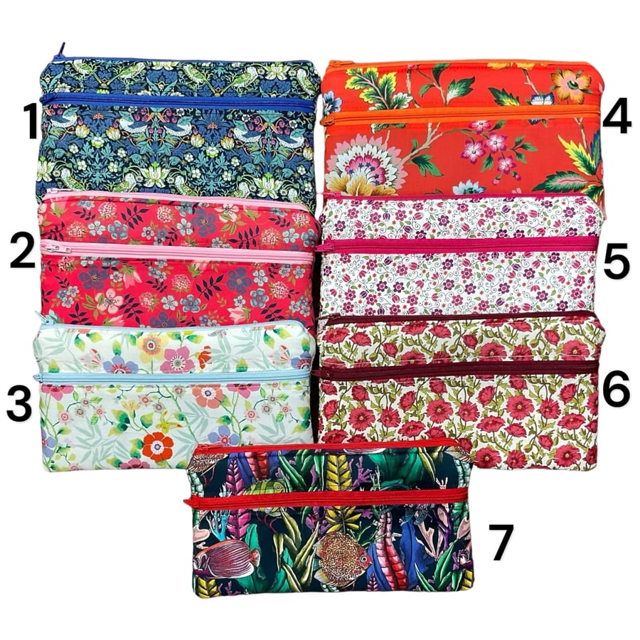 Liberty fabric two pocket pouch, double pocket cosmetics case, 2 section pencil 