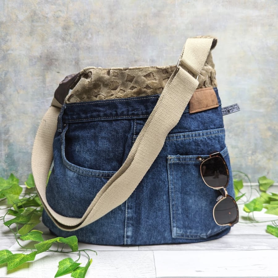 Seconds Sunday Indigo Preloved Denim and Chenille Hobo Bag