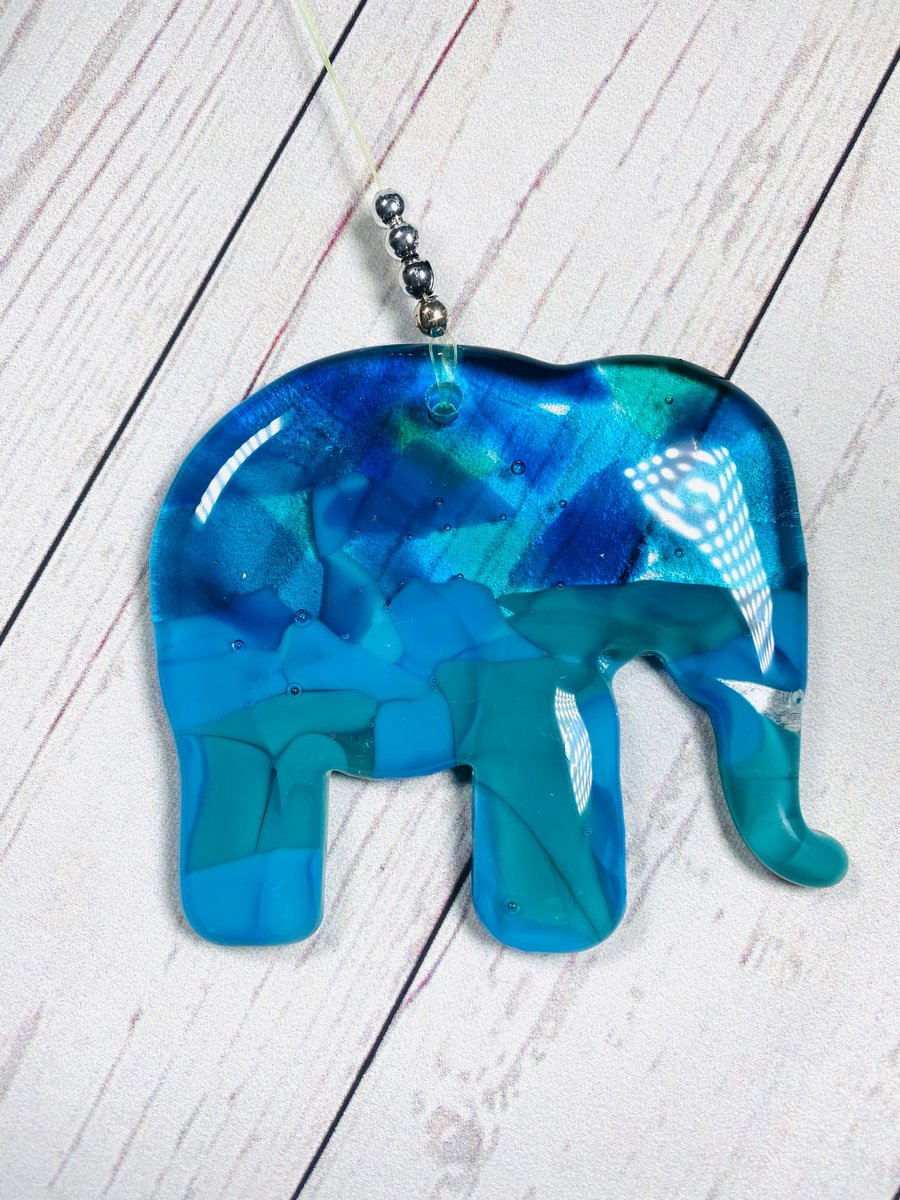 Fused glass hanging blue elephant