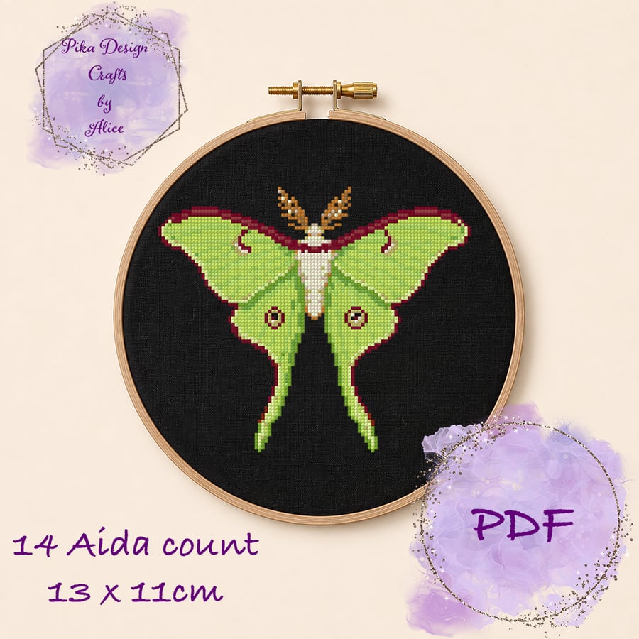 Luna Moth counted cross stitch pattern emailed pdf 