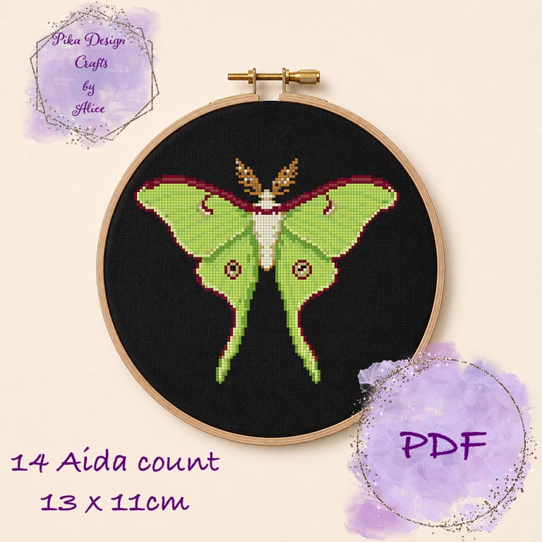 Luna Moth counted cross stitch pattern emailed pdf 