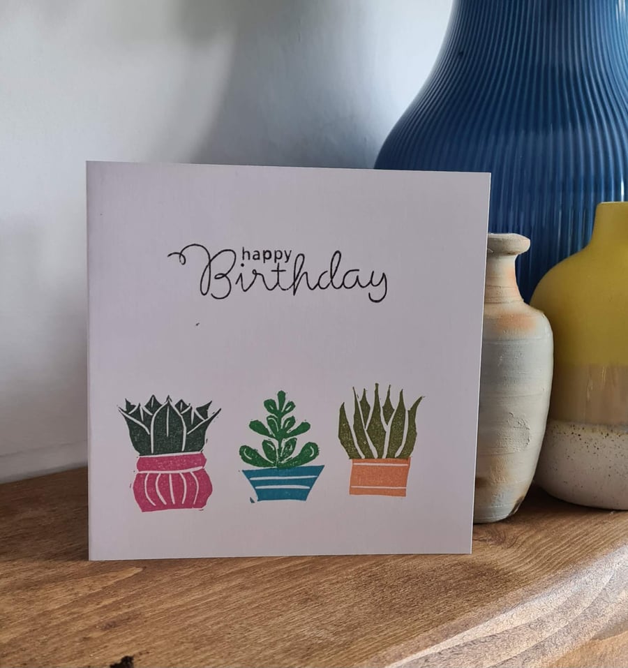Succulent cactus design birthday card handprinted