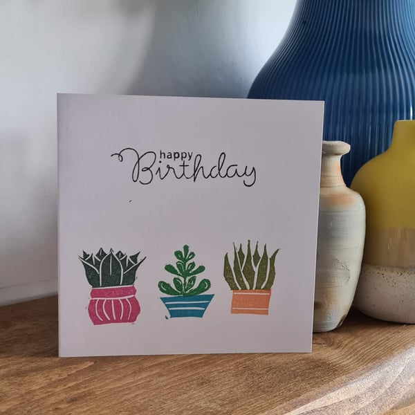 Succulent cactus design birthday card handprinted