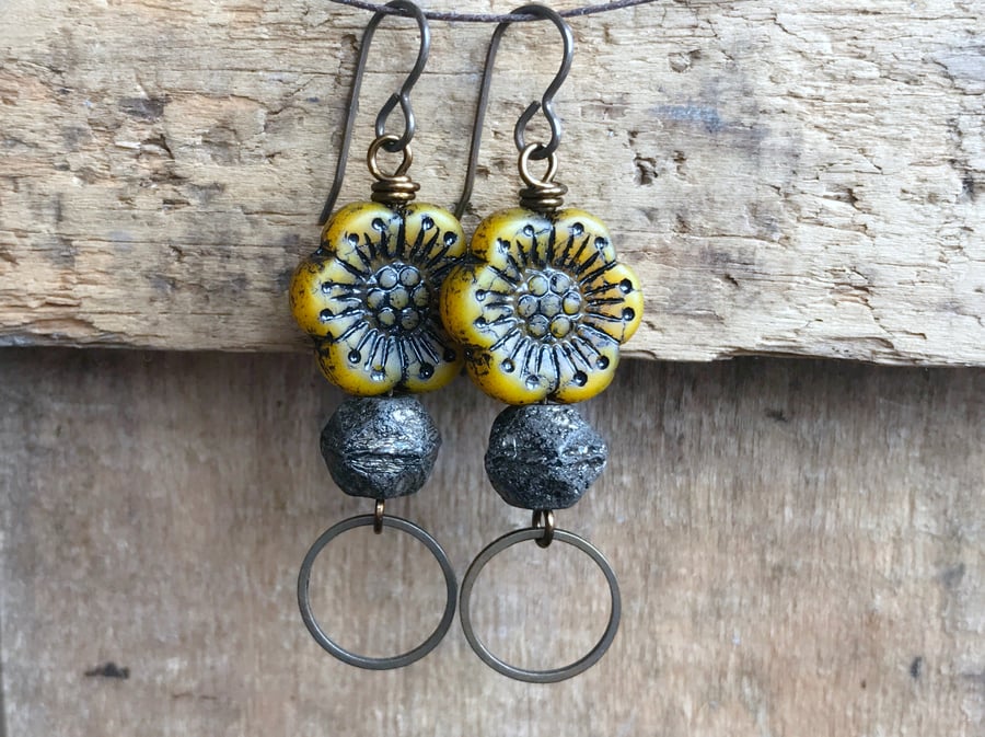 Yellow & Black Czech Glass Earrings. Anemone Flower Earrings. Rustic Jewellery