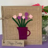 Handmade Birthday Card. Wool felt flowers in pink and purple. Keepsake card.