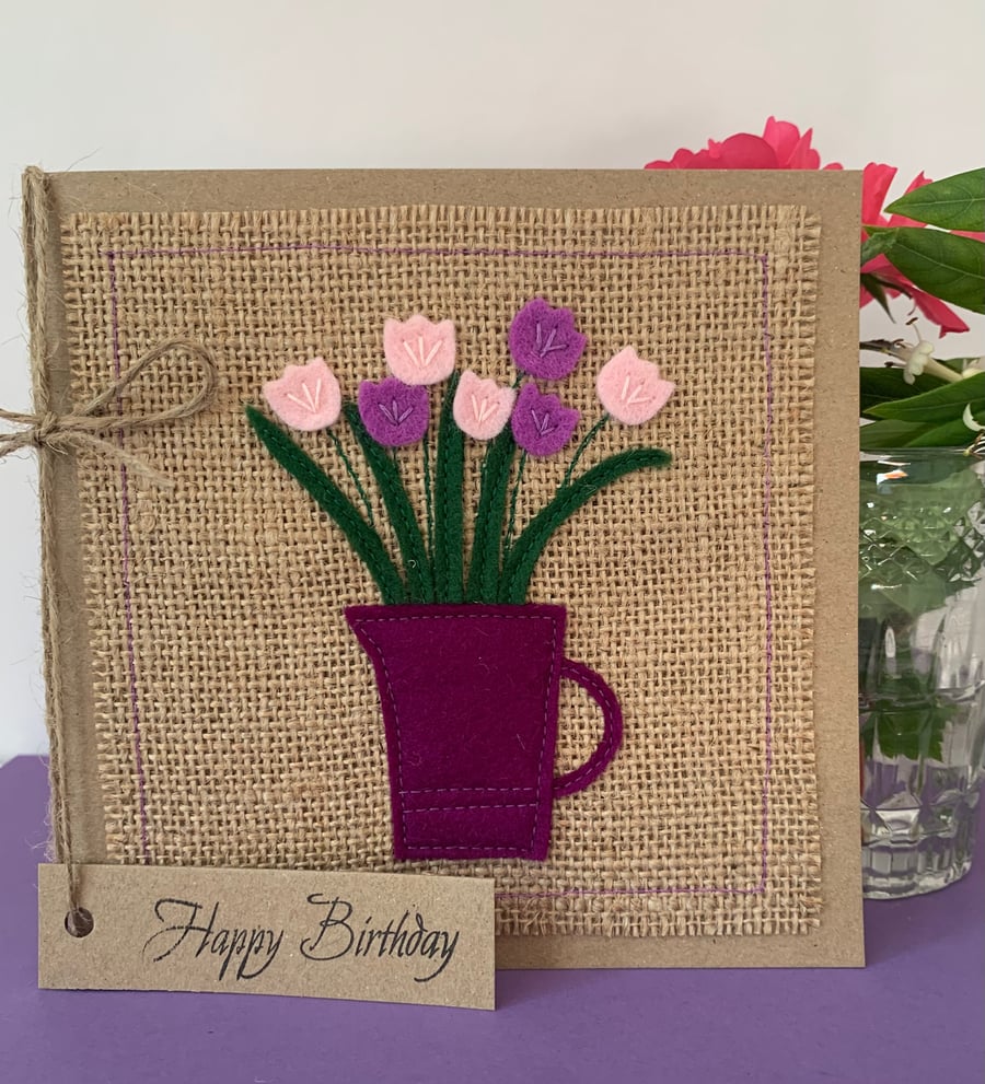 Handmade Birthday Card. Wool felt flowers in pink and purple. Keepsake card.