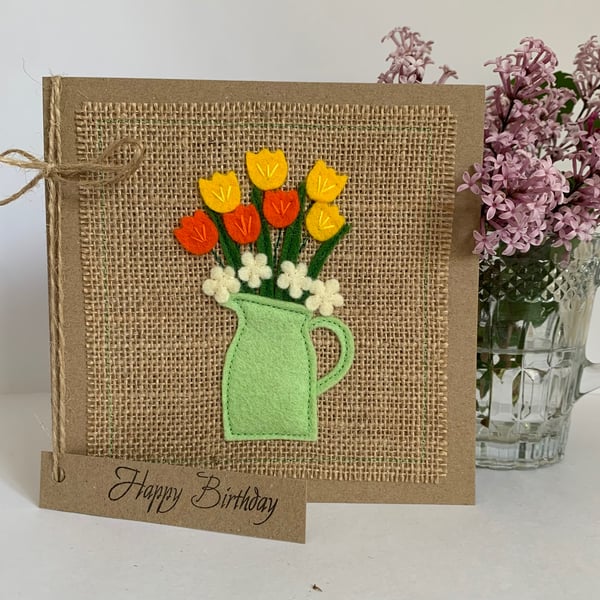 Birthday Card. Yellow and orange flowers. Wool felt. Handmade Card.