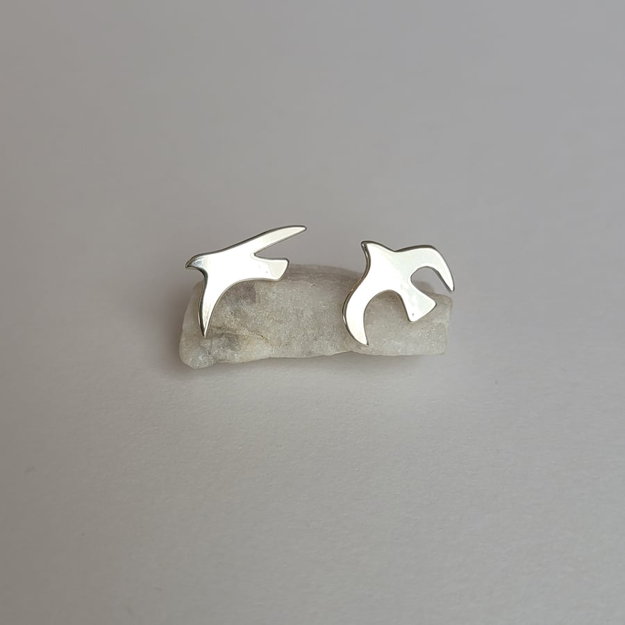 Silver Bird Stud Earrings, mismatched recycled silver earrings