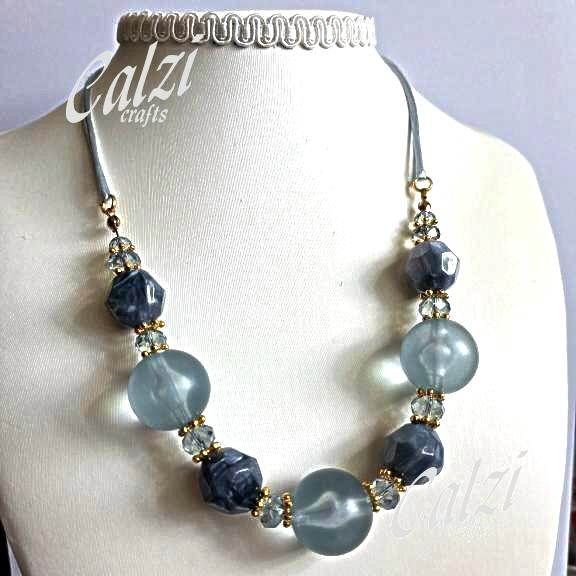 Blue Glass And Crystal Bead Necklace And Earrings