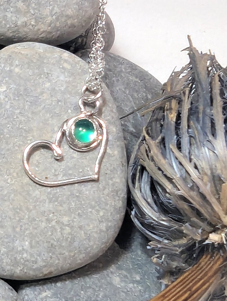 Green Onyx and Sterling Silver Heart Pendant Necklace