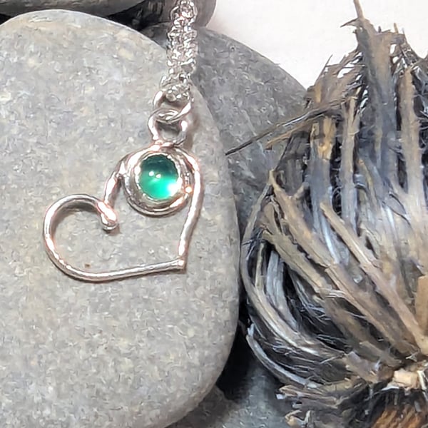 Green Onyx and Sterling Silver Heart Pendant Necklace