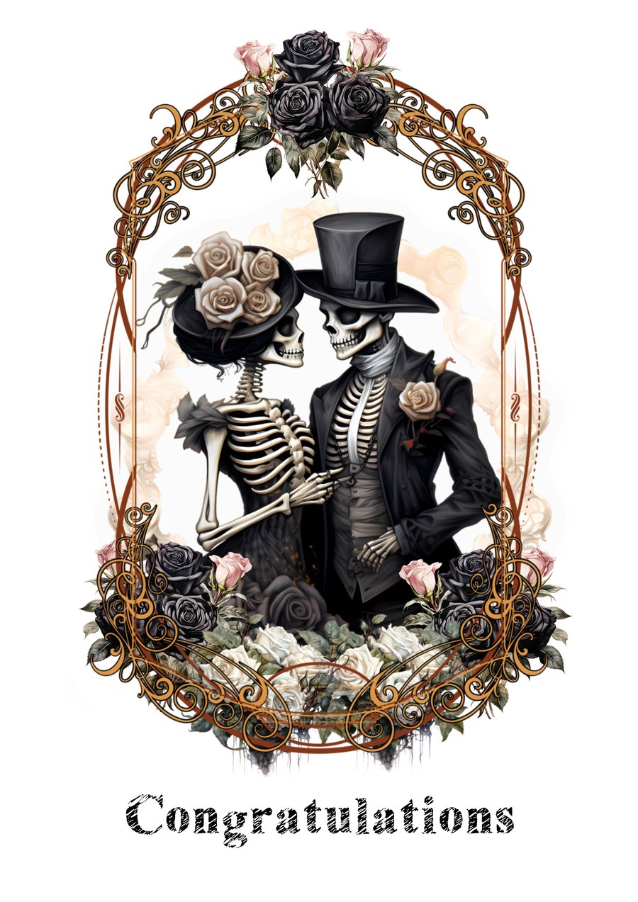 Personalised Wedding Card, Goth Congratulations Card with Skeletons!