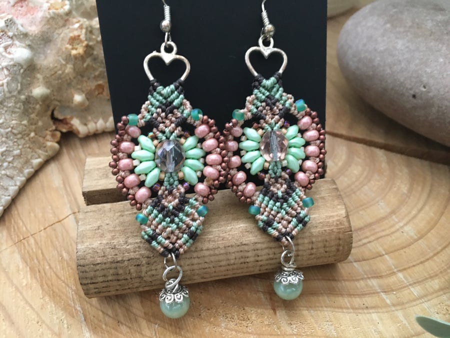 Delicate beaded macrame drop earrings, gift for her, dangle macrame earrings