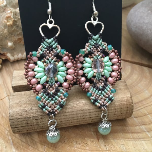 Delicate beaded macrame drop earrings, gift for her, dangle macrame earrings