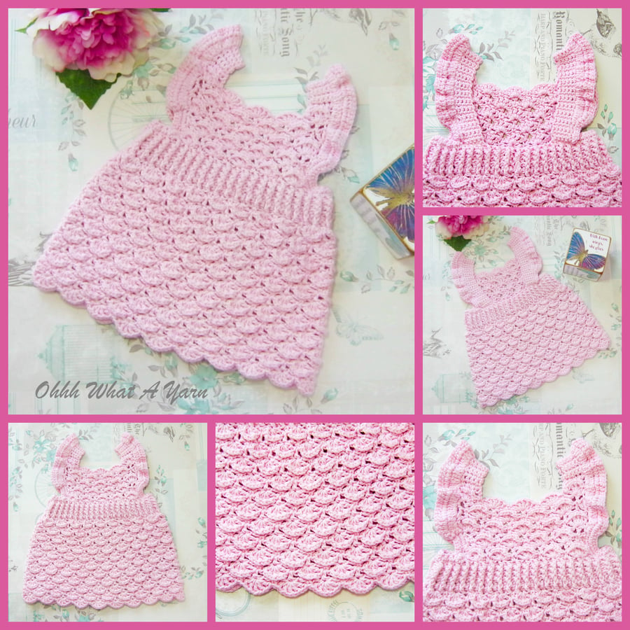 Pink cotton frilly baby pinafore dress. Crochet baby sun dress. 0-3 months