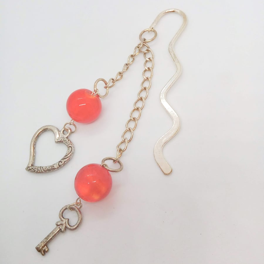 Silver Plated Bookmark with Red Glass Beads and a Heart and a Key Charm
