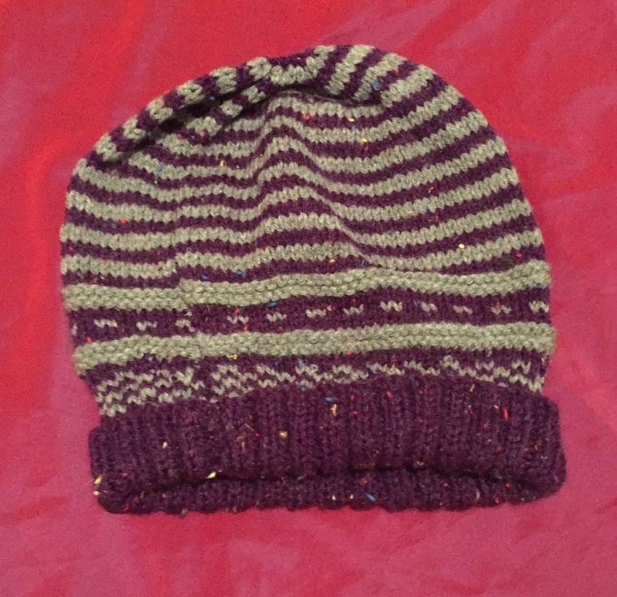 Purple & grey striped wool hat