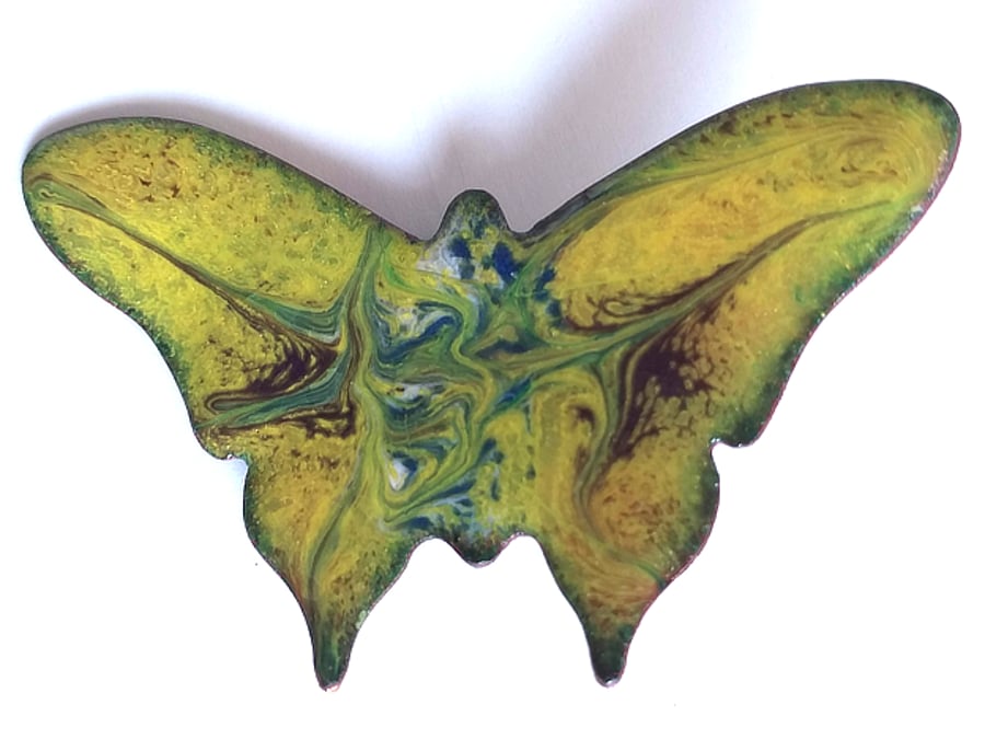 brooch: butterfly - scrolled white, blue and orchid on yellow enamel