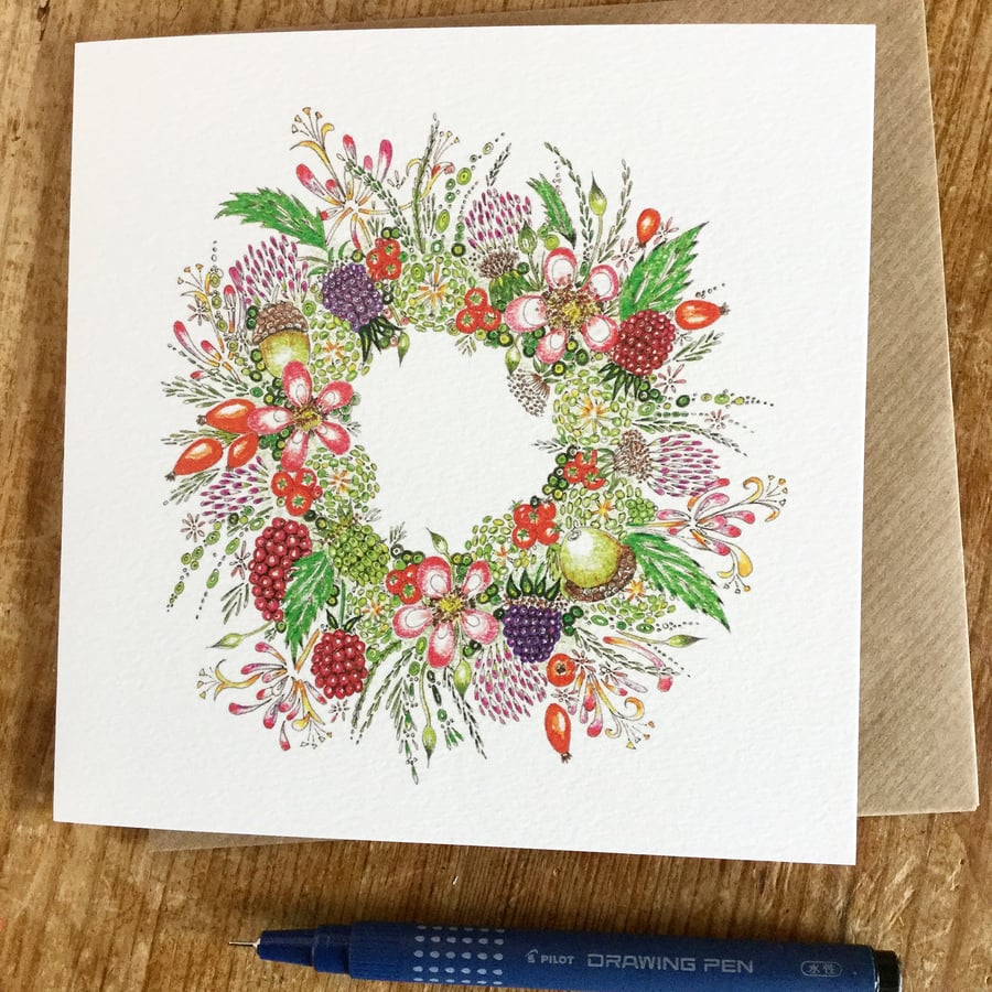 British floral and berry Hedgerow Wreath Greeting Card 
