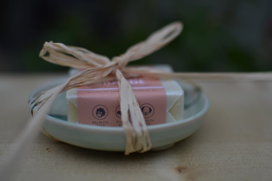 Beautiful soap dish glazed in greens and turquoise - with an Eco friendly soap 