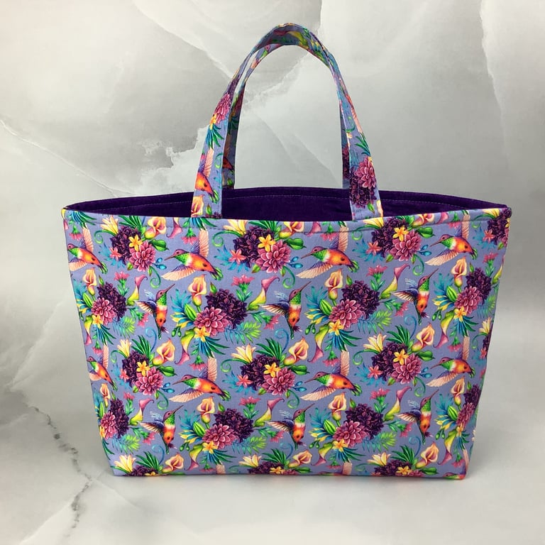 Hummingbirds tote bag, Floral shopper, handmade in Sussex