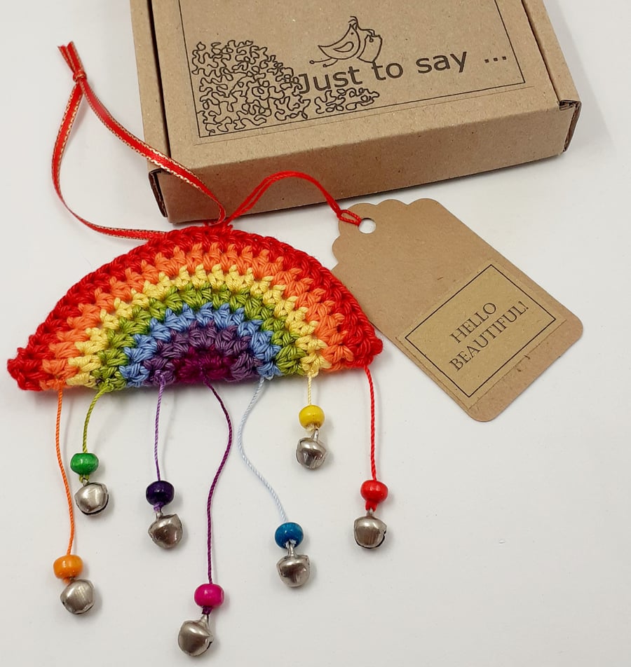 Crochet Rainbow Hanger with Beads and Bells  - Alternative to a Greetings Card 