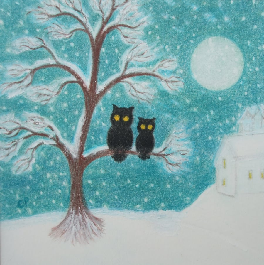 Owl Card, Snow Tree Card, Mother Christmas Art Card, Owls Card Father