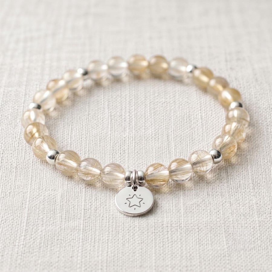 Rutilated Quartz Bracelet Personalised with Initial, Natural Healing Crystal Bra