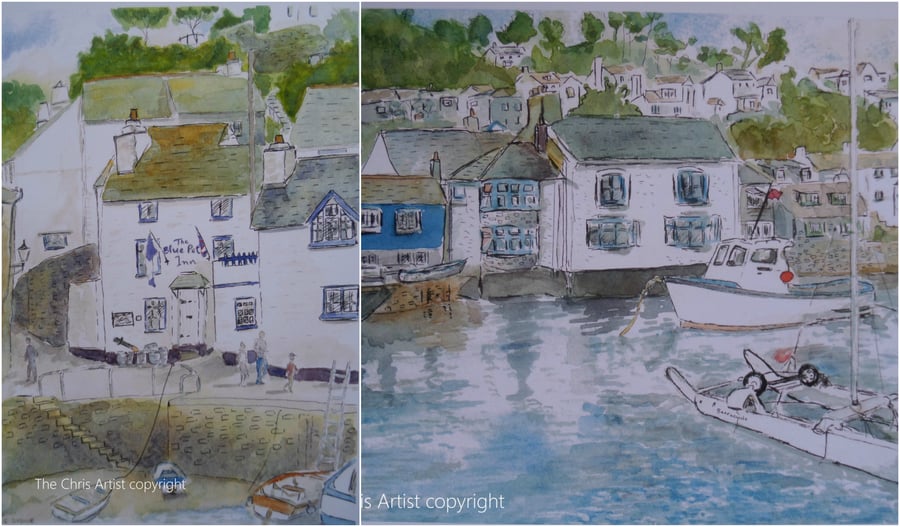 Pair of art prints of Polperro Cornwall from original watercolour paintings