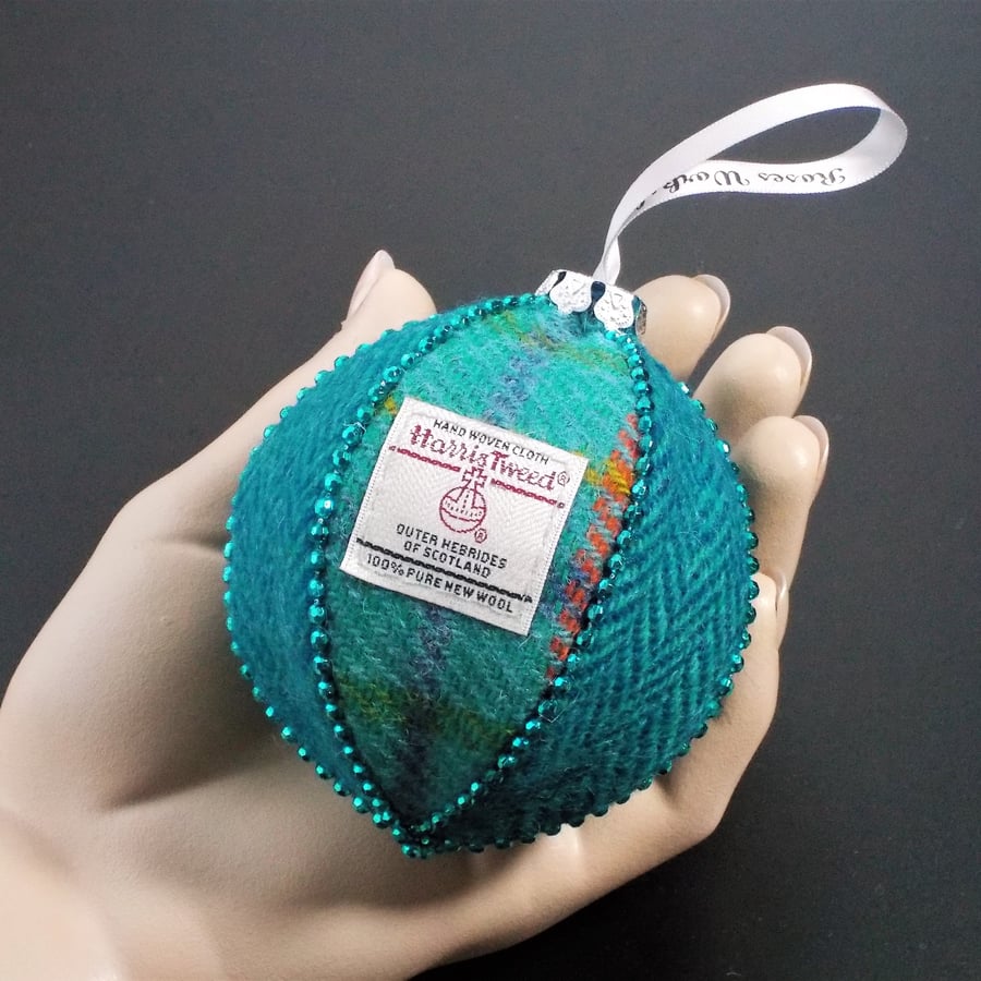 Harris tweed bauble Christmas tree decoration turquoise and teal tartan ornament