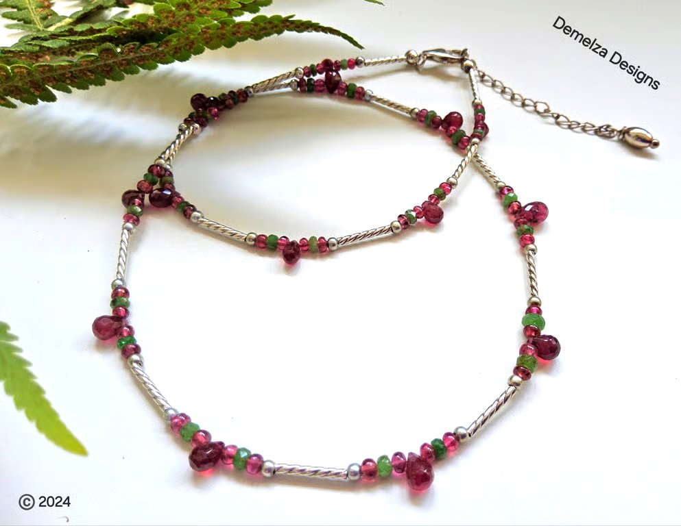 Designer Tsaverite Garnet, African Ruby & Red Spinel Sterling Silver Necklace