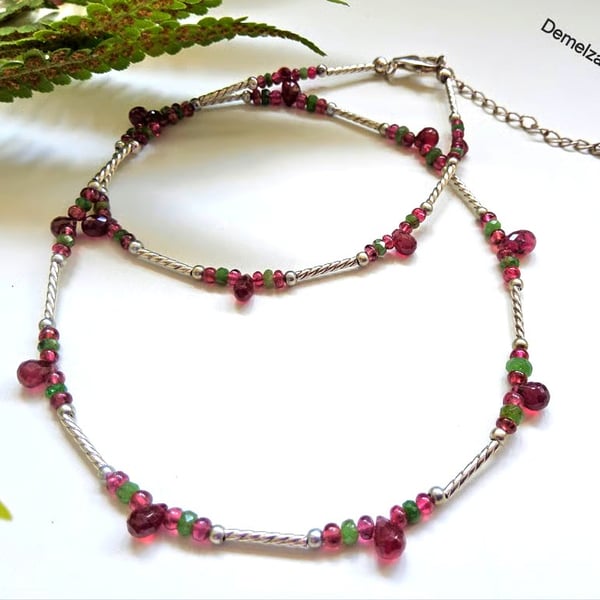 Designer Tsaverite Garnet, African Ruby & Red Spinel Sterling Silver Necklace