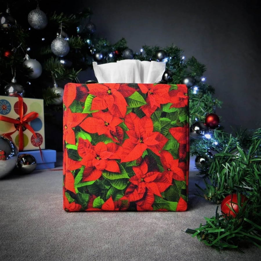 Square Tissue Box Cover - Poinsettia Christmas Design