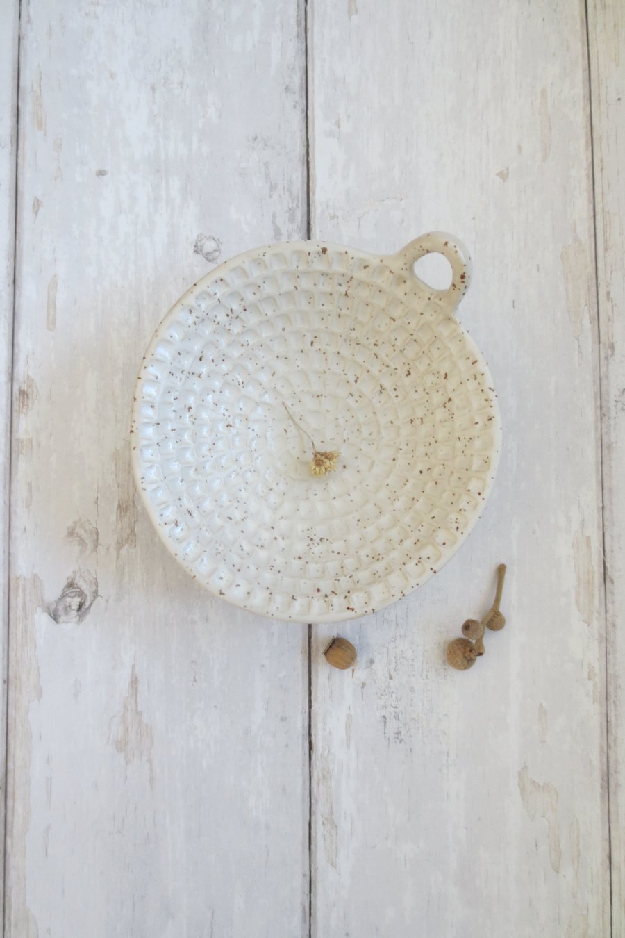 TRINKET DISH hand-built stoneware pottery tealight dish in white with speckle