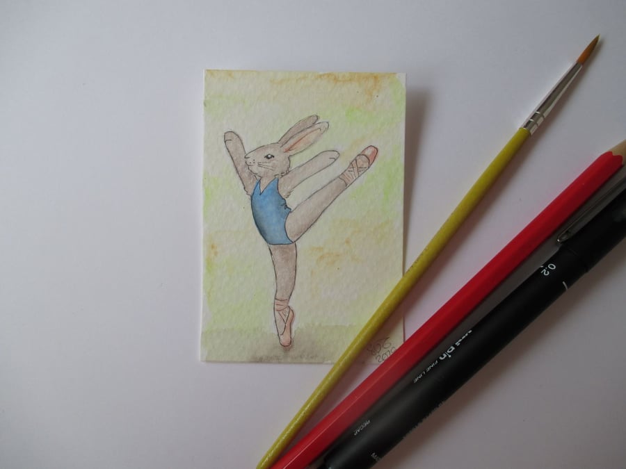 ACEO Bunny Rabbit Ballerina Ballet Dancing Bunny Rabbit Original Painting 015