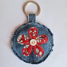 Denim flower keyring - red