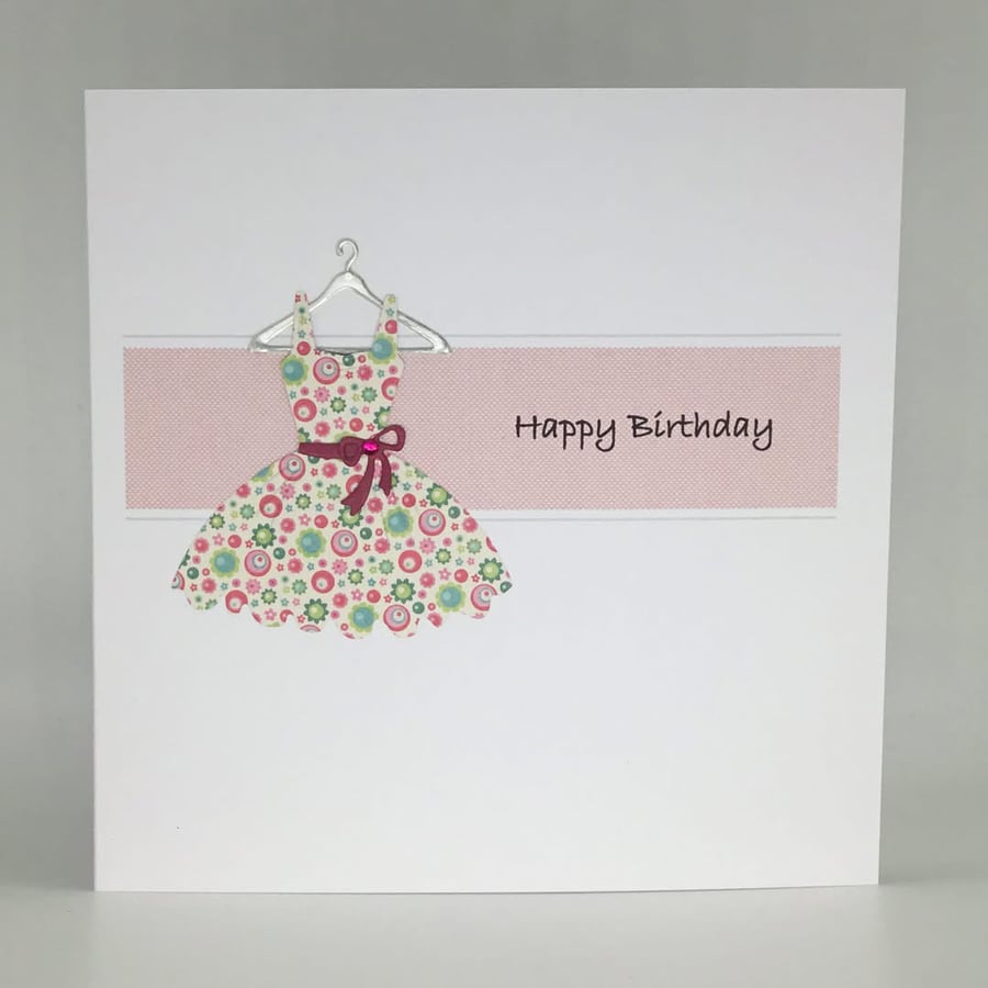 Floral print dress birthday card - pink
