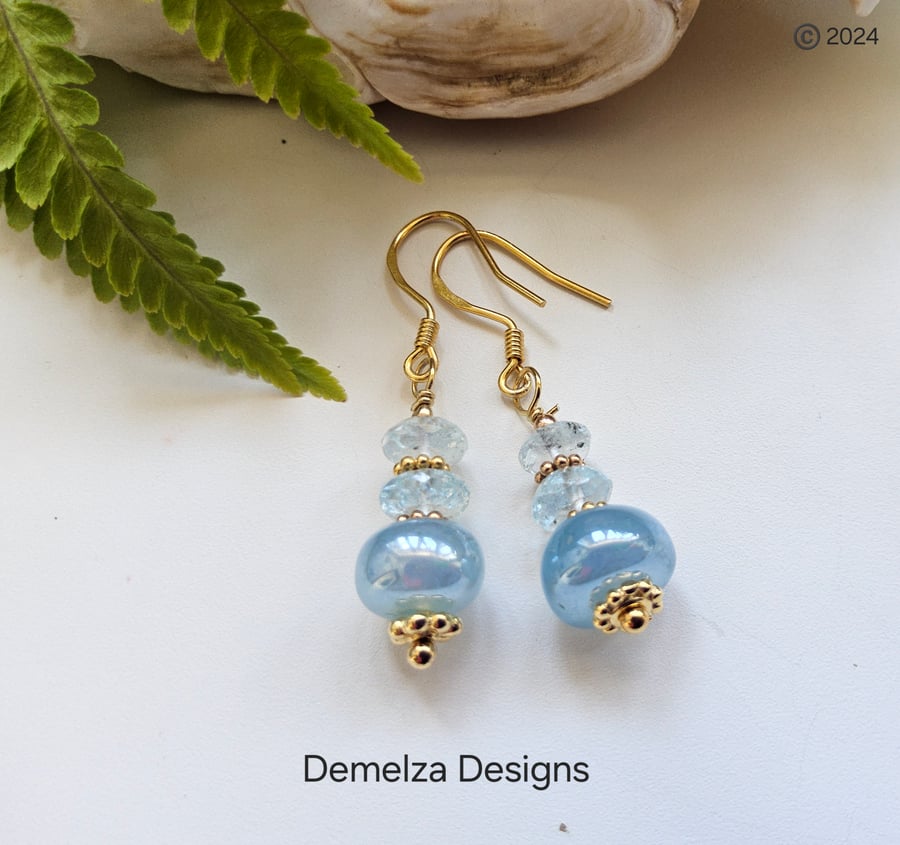 Blue Chalcadoney & Sky Blue Topaz Gold Vermeil Earrings 
