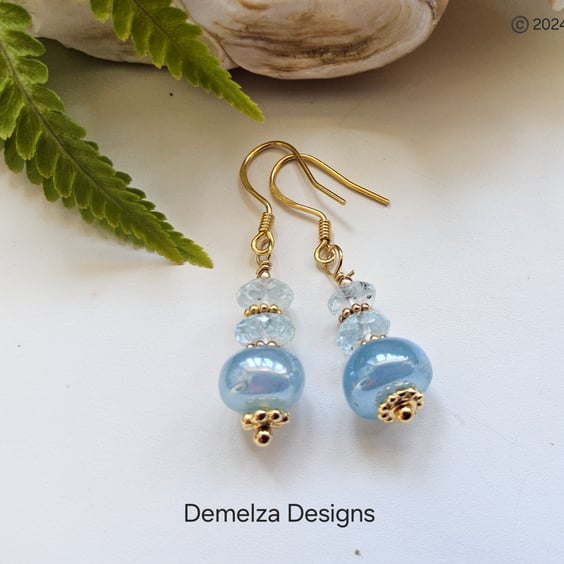 Blue Chalcadoney & Sky Blue Topaz Gold Vermeil Earrings 