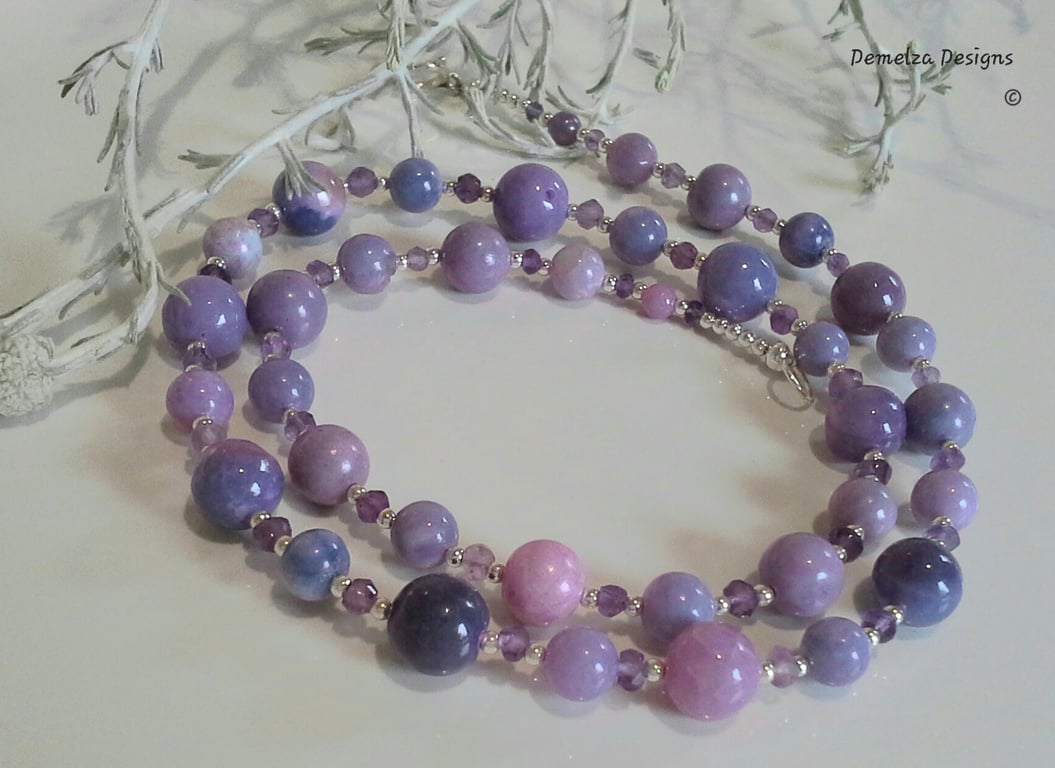 Designer Lavender Opal & Amethyst Sterling Silver Necklace