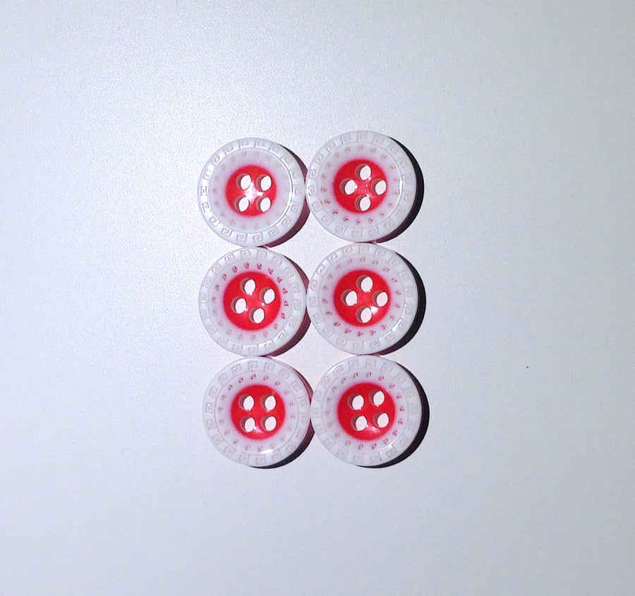 6 x  Red and White Resin Buttons