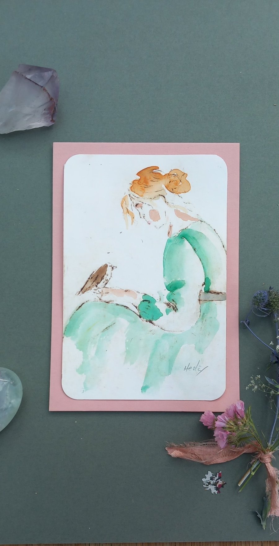 Prints, hand printed . Girl and Bird 