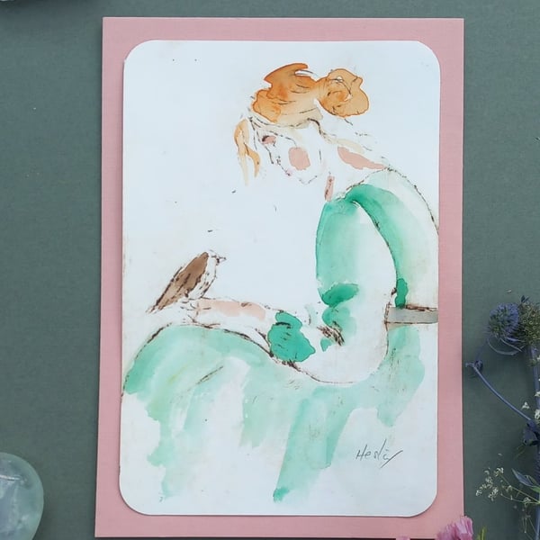 Prints, hand printed . Girl and Bird 